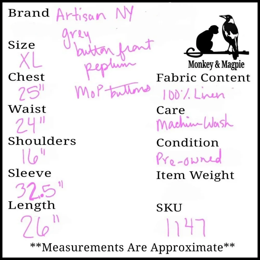 Artisan NY Grey Linen Top Womens XL Peplum Mother Of Pearl Classic Old Money - Picture 8 of 8